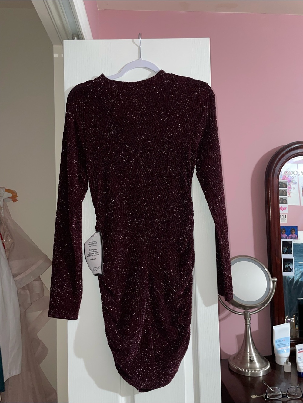 Sparkle Long-Sleeve Bodycon Dress in Deep Burgundy